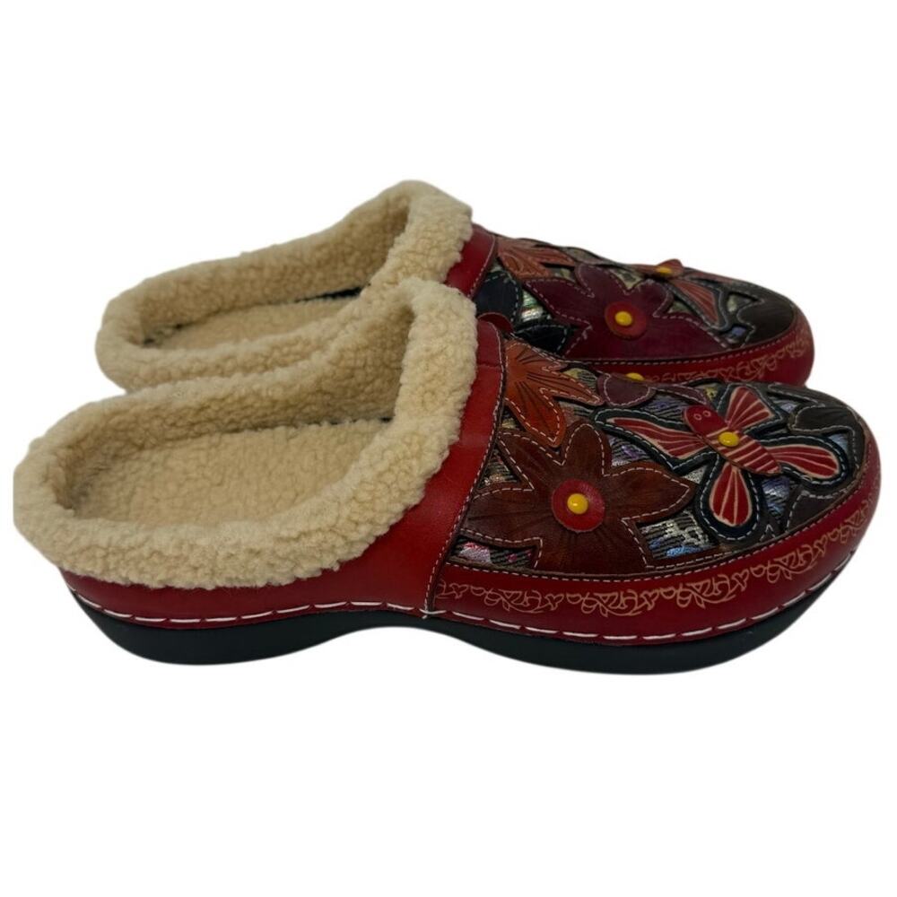 Embroidered Leather Shearling Lined Clogs EU 38 Boho Mule